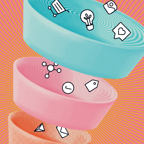 Marketing Funnel Overview image with 3 funnel layers and icons flowing between them.