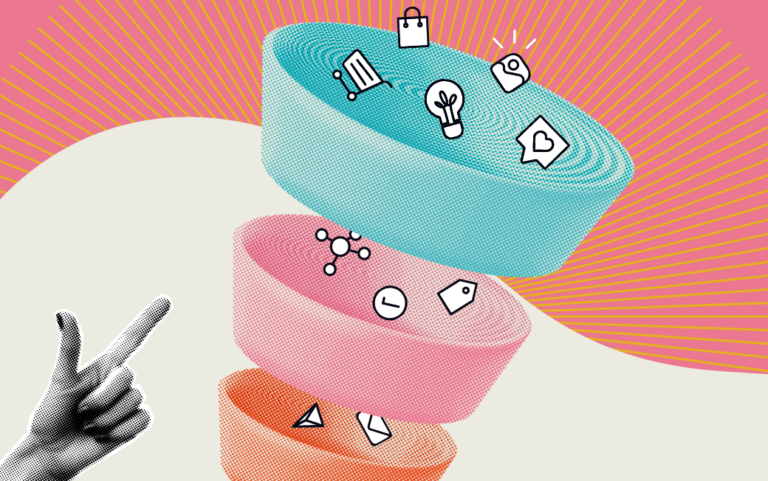 Marketing Funnel Overview image with 3 funnel layers and icons flowing between them.