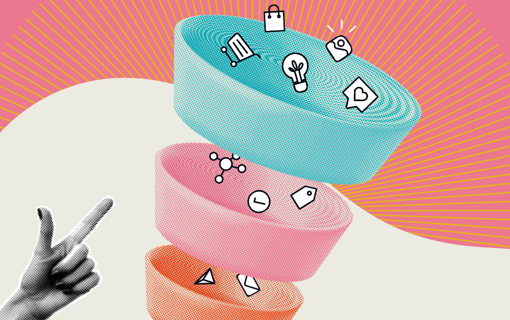 Marketing Funnel Overview image with 3 funnel layers and icons flowing between them.