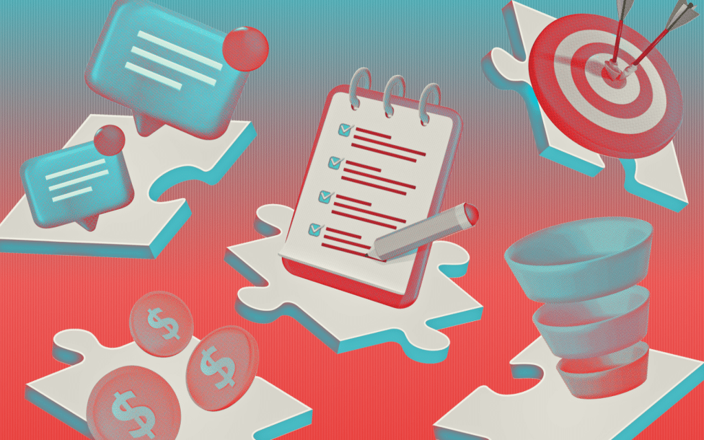 Text bubbles, targets, and planning for B2B marketing goals.