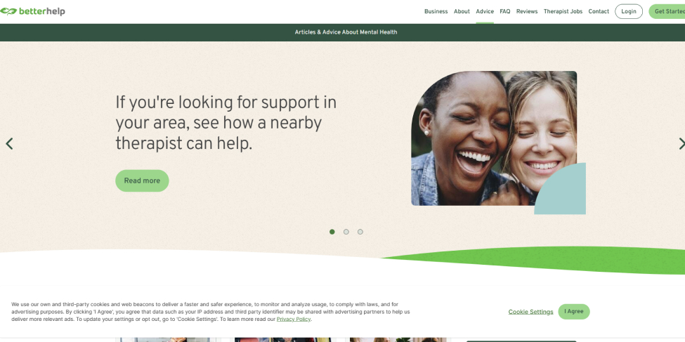 Image of the BetterHelp website.