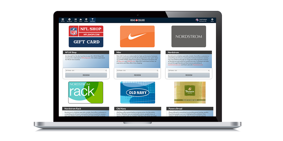 Gift card options in a computer screen